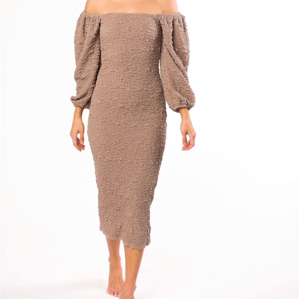 Worth Collective Off-Shoulder Midi Dress in “Stone”